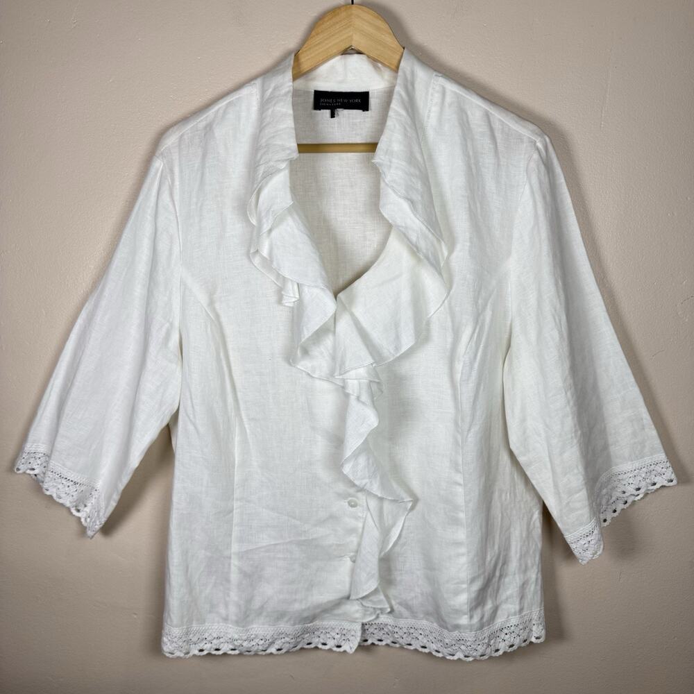Jones New York Womens Button Down Blouse 100% Linen Crochet Coastal XL Ruffle